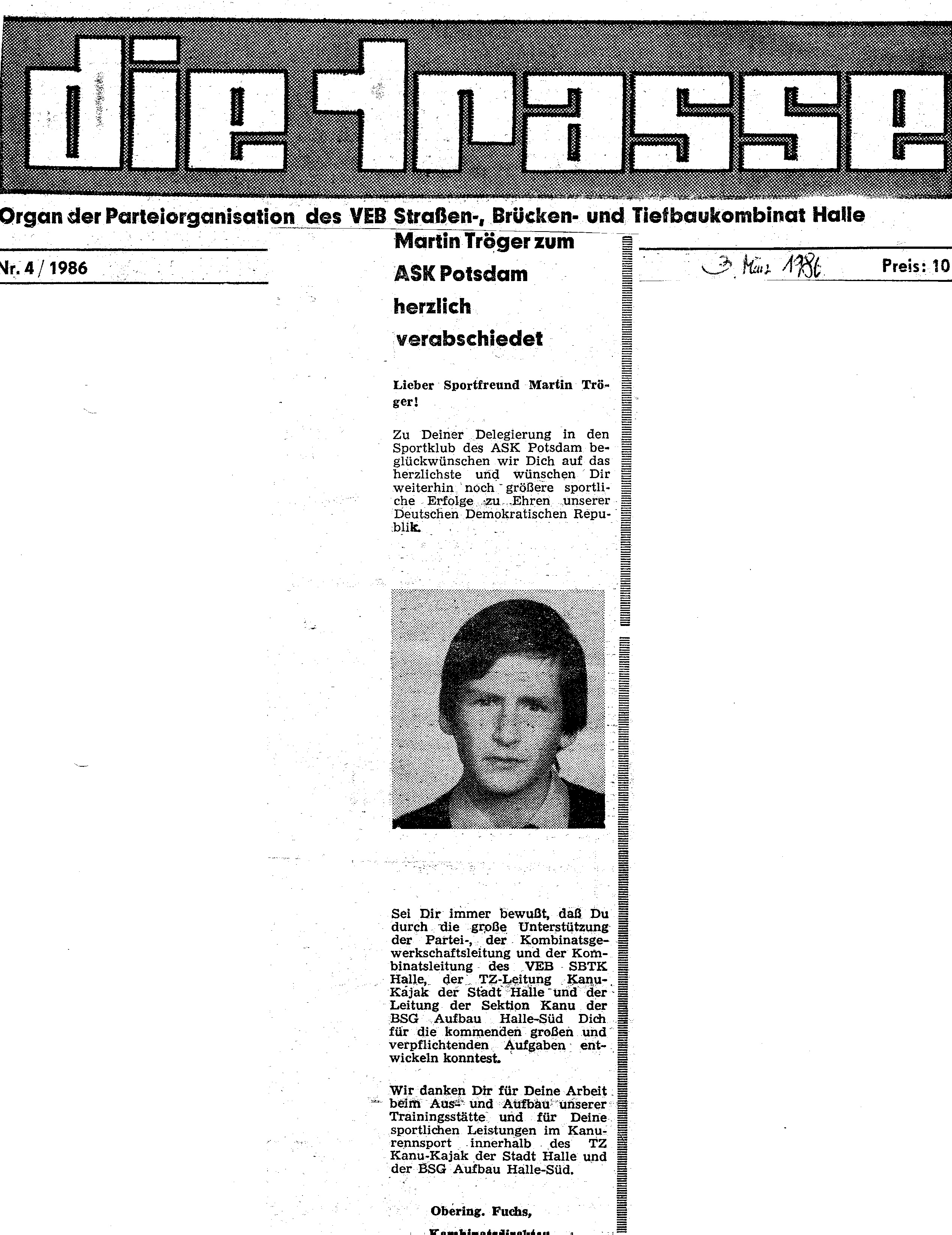 1986-03-03 Trasse Martin Tröger zum ASK Potsdam herzlich verabschiedet