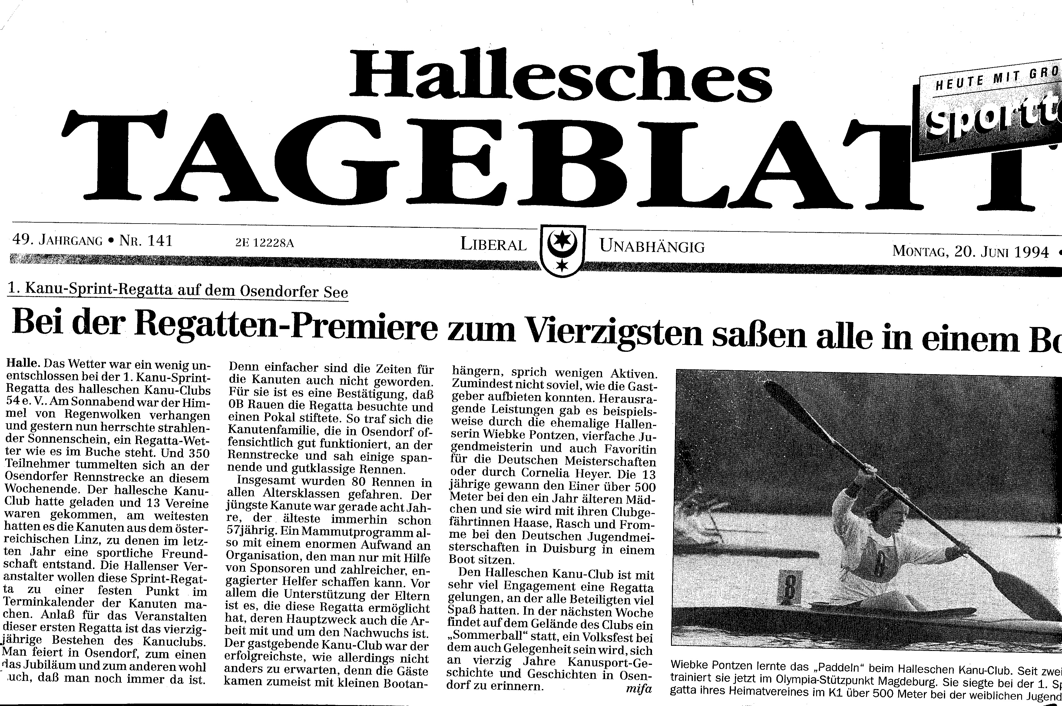 1994-06-20 Hallesches Tageblatt 1. Kanu Sprintregatta, bei Regatta Premiere zum Vierzigsten saßen alle in einem Boot