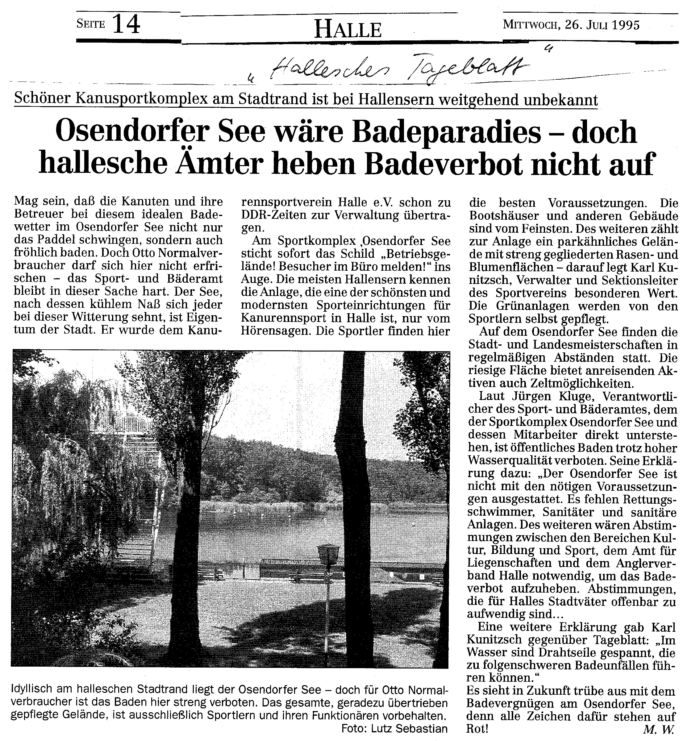 1995-07-26 Hallesches Tageblatt Osendorfer See wäre Badeparadies- doch hallesche Ämter heben Badeverbot nicht auf